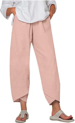 Womens Cotton Linen Cropped Pants Elastic High Waist Casual Trousers Soft Comfy Baggy Loose Fit Slacks with Pockets