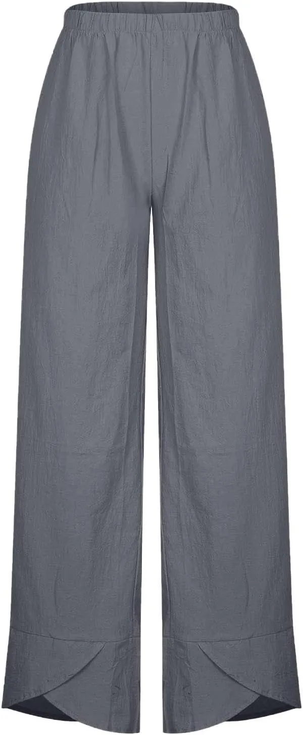 Womens Cotton Linen Cropped Pants Elastic High Waist Casual Trousers Soft Comfy Baggy Loose Fit Slacks with Pockets