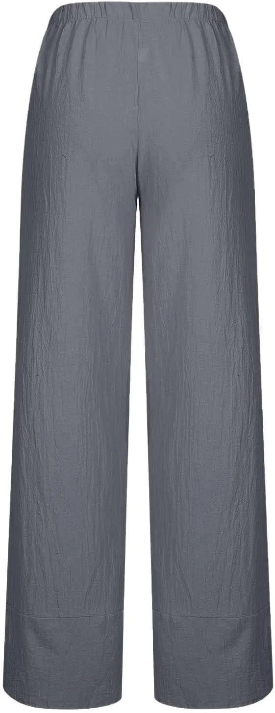 Womens Cotton Linen Cropped Pants Elastic High Waist Casual Trousers Soft Comfy Baggy Loose Fit Slacks with Pockets