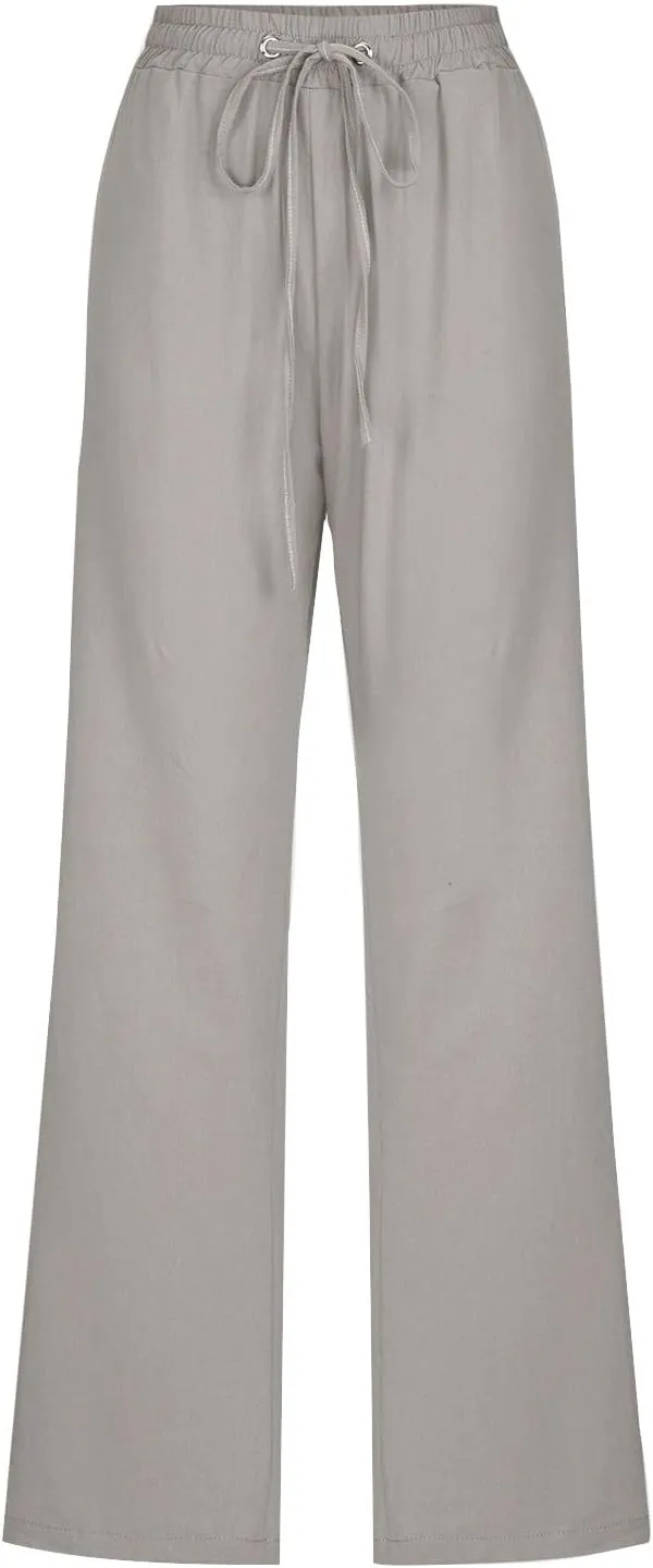 Womens Cotton Linen High Waisted Pants Drawstring Casual Loose Fit Summer Pants Comfy Trousers with Side Pockets