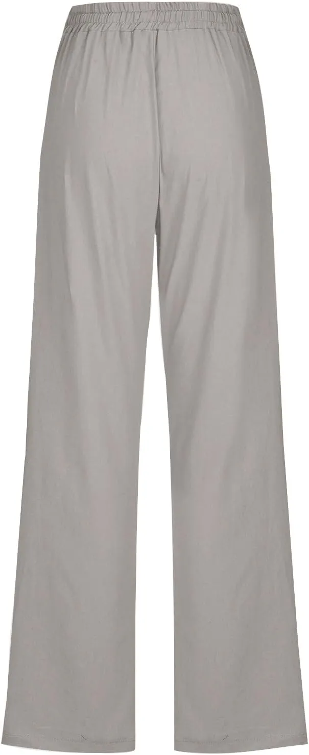 Womens Cotton Linen High Waisted Pants Drawstring Casual Loose Fit Summer Pants Comfy Trousers with Side Pockets