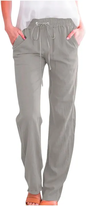 Womens Cotton Linen High Waisted Pants Drawstring Casual Loose Fit Summer Pants Comfy Trousers with Side Pockets