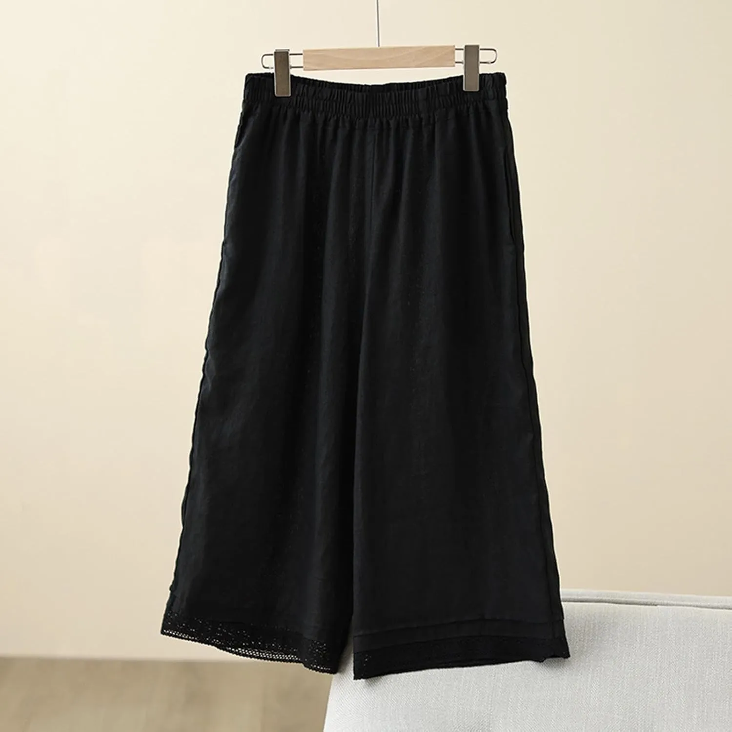 Womens Cotton Linen Pants Elastic Waist Wide Leg Casual Capri Trousers Retro Art Hook Lace Beach Lounge Palazzo Pants