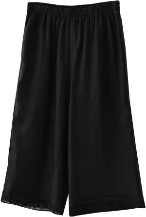 Womens Cotton Linen Pants Elastic Waist Wide Leg Casual Capri Trousers Retro Art Hook Lace Beach Lounge Palazzo Pants