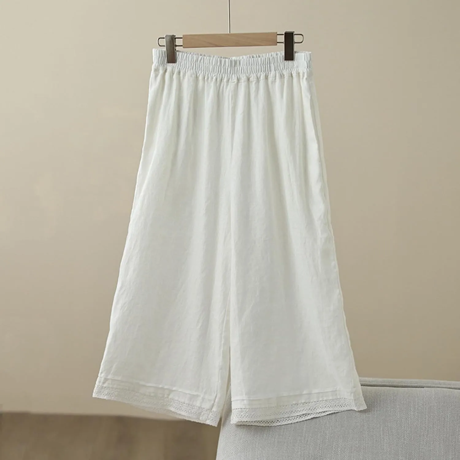 Womens Cotton Linen Pants Elastic Waist Wide Leg Casual Capri Trousers Retro Art Hook Lace Beach Lounge Palazzo Pants