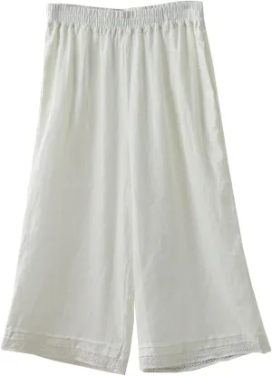 Womens Cotton Linen Pants Elastic Waist Wide Leg Casual Capri Trousers Retro Art Hook Lace Beach Lounge Palazzo Pants