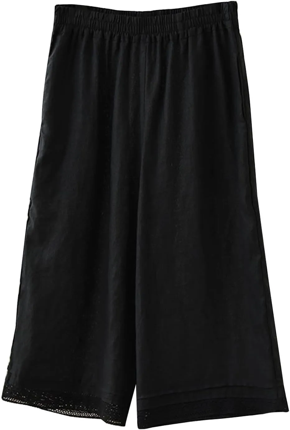 Womens Cotton Linen Pants Elastic Waist Wide Leg Casual Capri Trousers Retro Art Hook Lace Beach Lounge Palazzo Pants