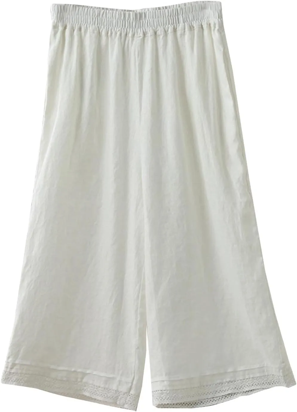 Womens Cotton Linen Pants Elastic Waist Wide Leg Casual Capri Trousers Retro Art Hook Lace Beach Lounge Palazzo Pants