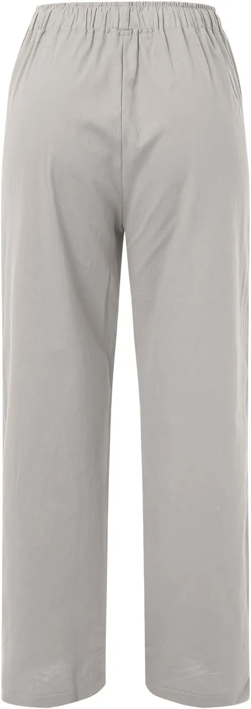 Womens Cotton Linen Pants Flowy High Waisted Wide Leg Pants Loose Fit Summer Beach Pants Casual Yoga Trousers with Pockets