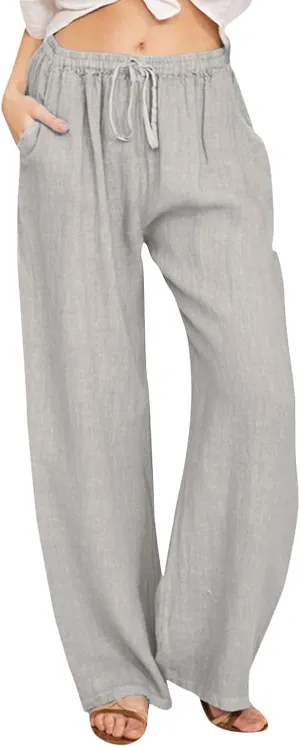 Womens Cotton Linen Pants Flowy High Waisted Wide Leg Pants Loose Fit Summer Beach Pants Casual Yoga Trousers with Pockets