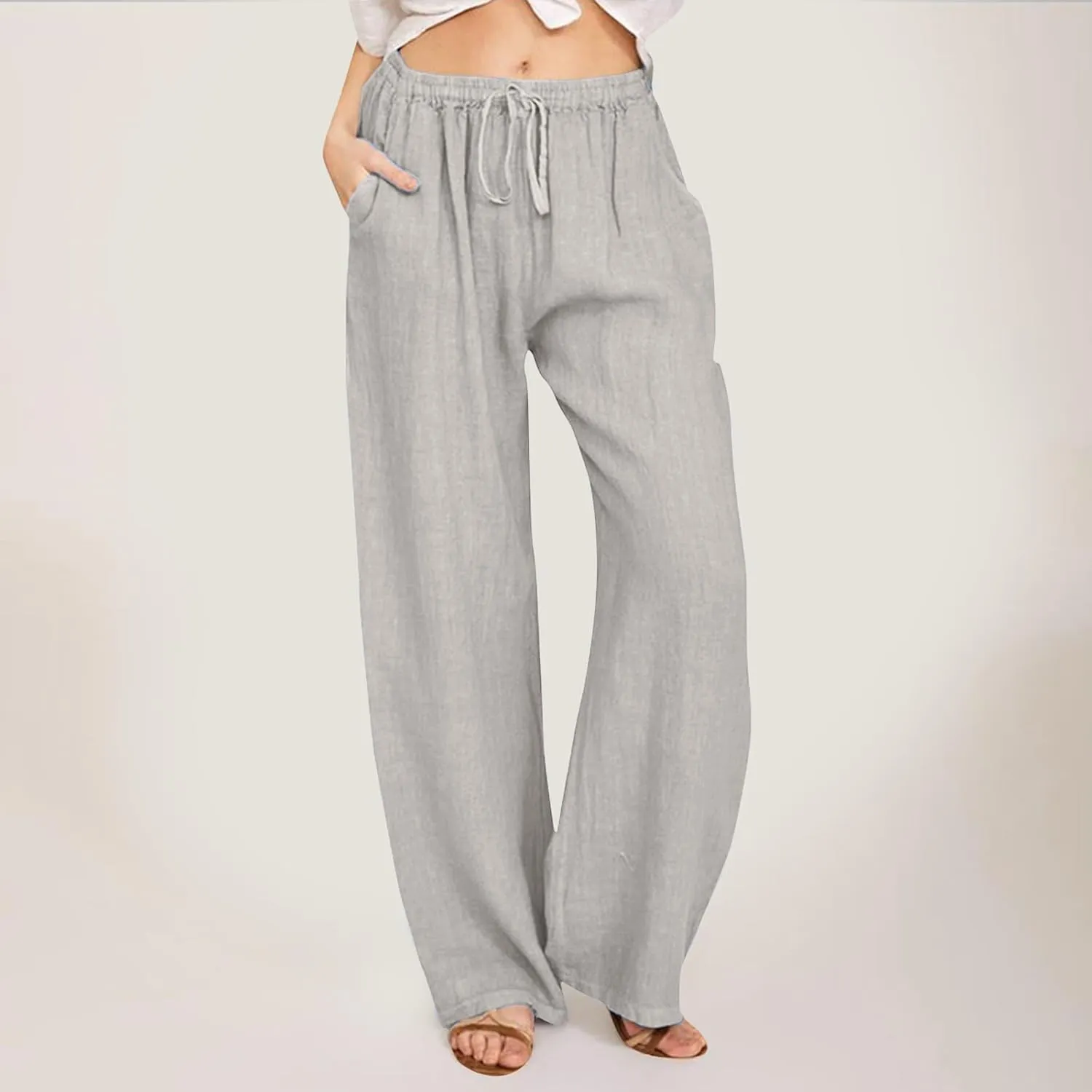Womens Cotton Linen Pants Flowy High Waisted Wide Leg Pants Loose Fit Summer Beach Pants Casual Yoga Trousers with Pockets