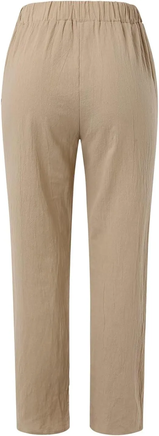 Womens Cotton Linen Pants Summer Casual Loose Beach Pant Lightweight High Waist Cropped Baggy Trousers with Pockets