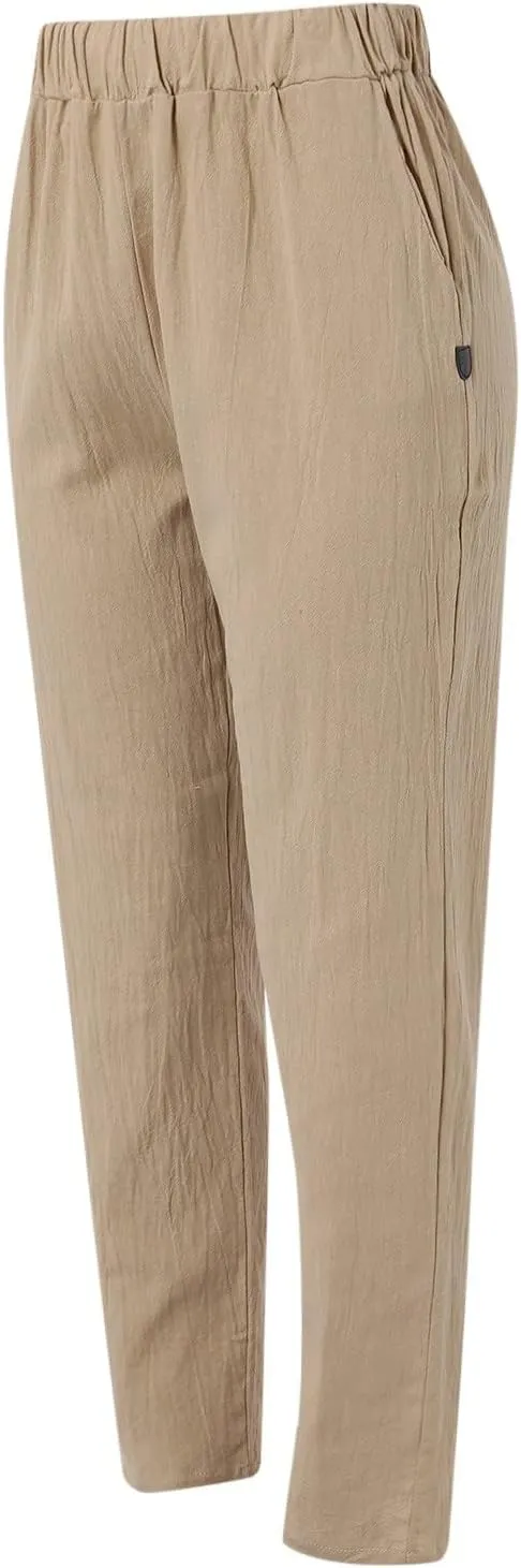 Womens Cotton Linen Pants Summer Casual Loose Beach Pant Lightweight High Waist Cropped Baggy Trousers with Pockets