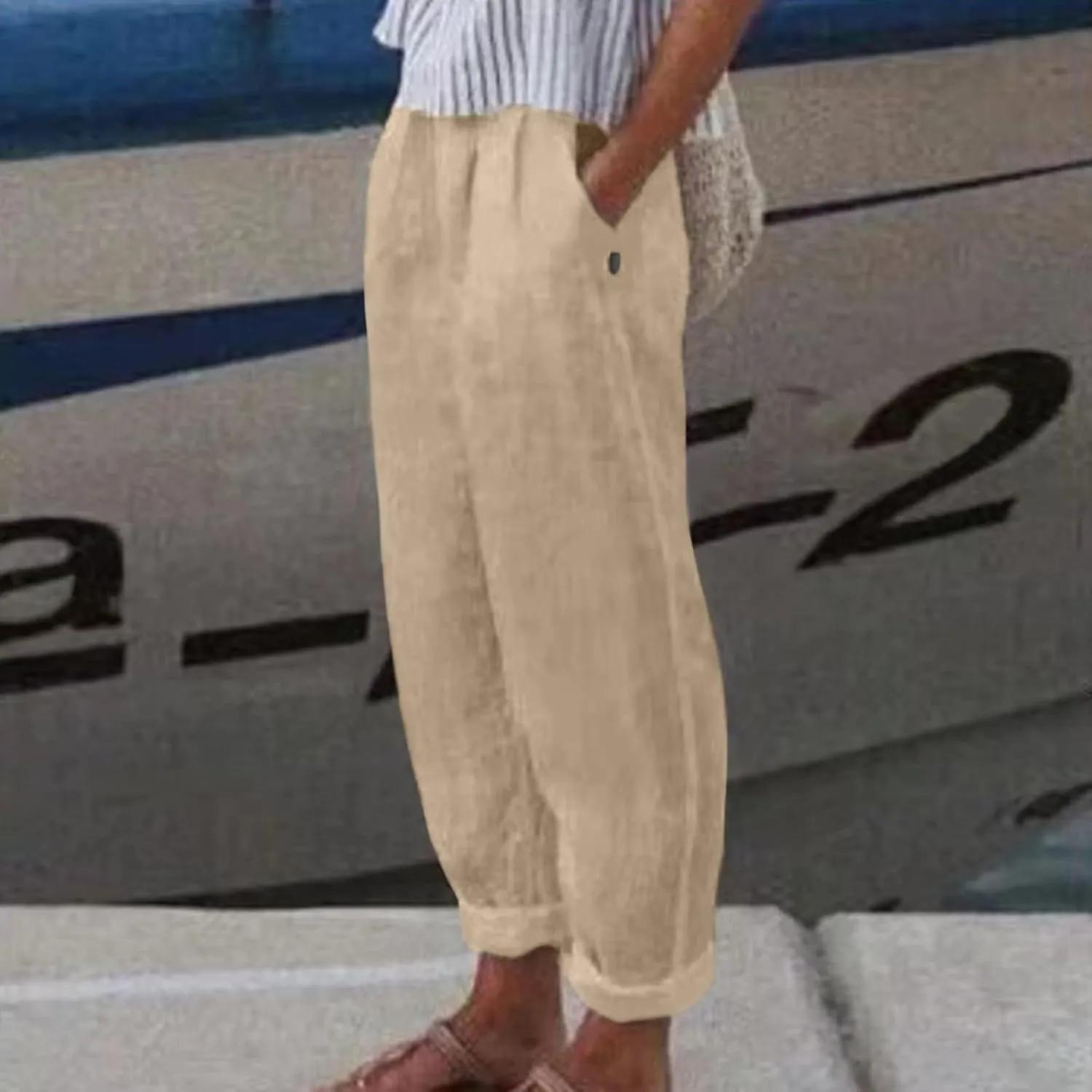 Womens Cotton Linen Pants Summer Casual Loose Beach Pant Lightweight High Waist Cropped Baggy Trousers with Pockets