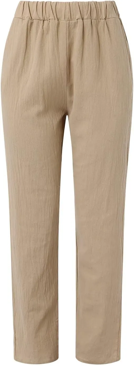 Womens Cotton Linen Pants Summer Casual Loose Beach Pant Lightweight High Waist Cropped Baggy Trousers with Pockets