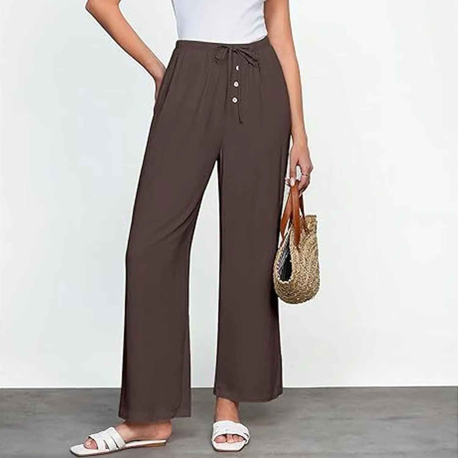 Women's Cotton Linen Pants, Wide Leg Cropped Lounge Trousers with Drawstring Elastic Waist, Summer Beach Casual Pants