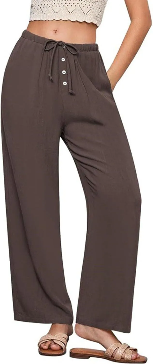 Women's Cotton Linen Pants, Wide Leg Cropped Lounge Trousers with Drawstring Elastic Waist, Summer Beach Casual Pants