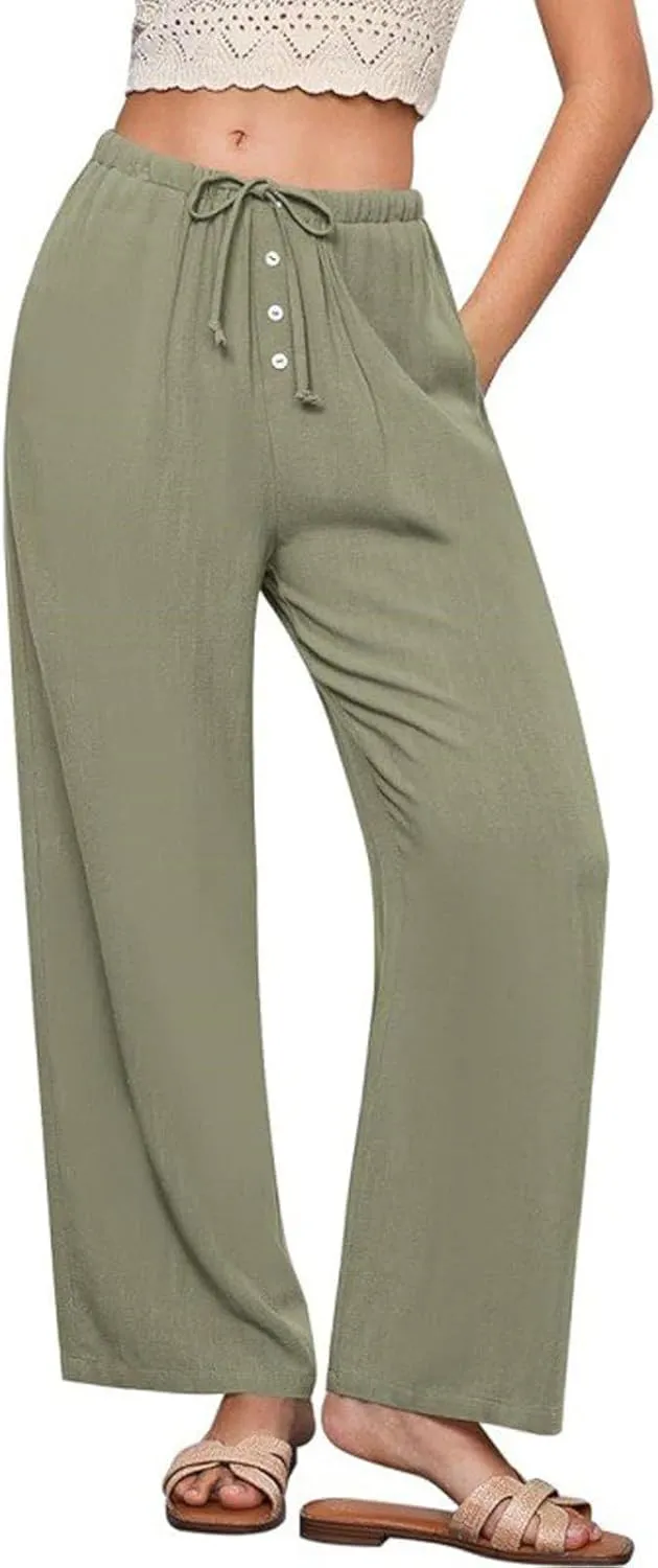 Women's Cotton Linen Pants, Wide Leg Cropped Lounge Trousers with Drawstring Elastic Waist, Summer Beach Casual Pants