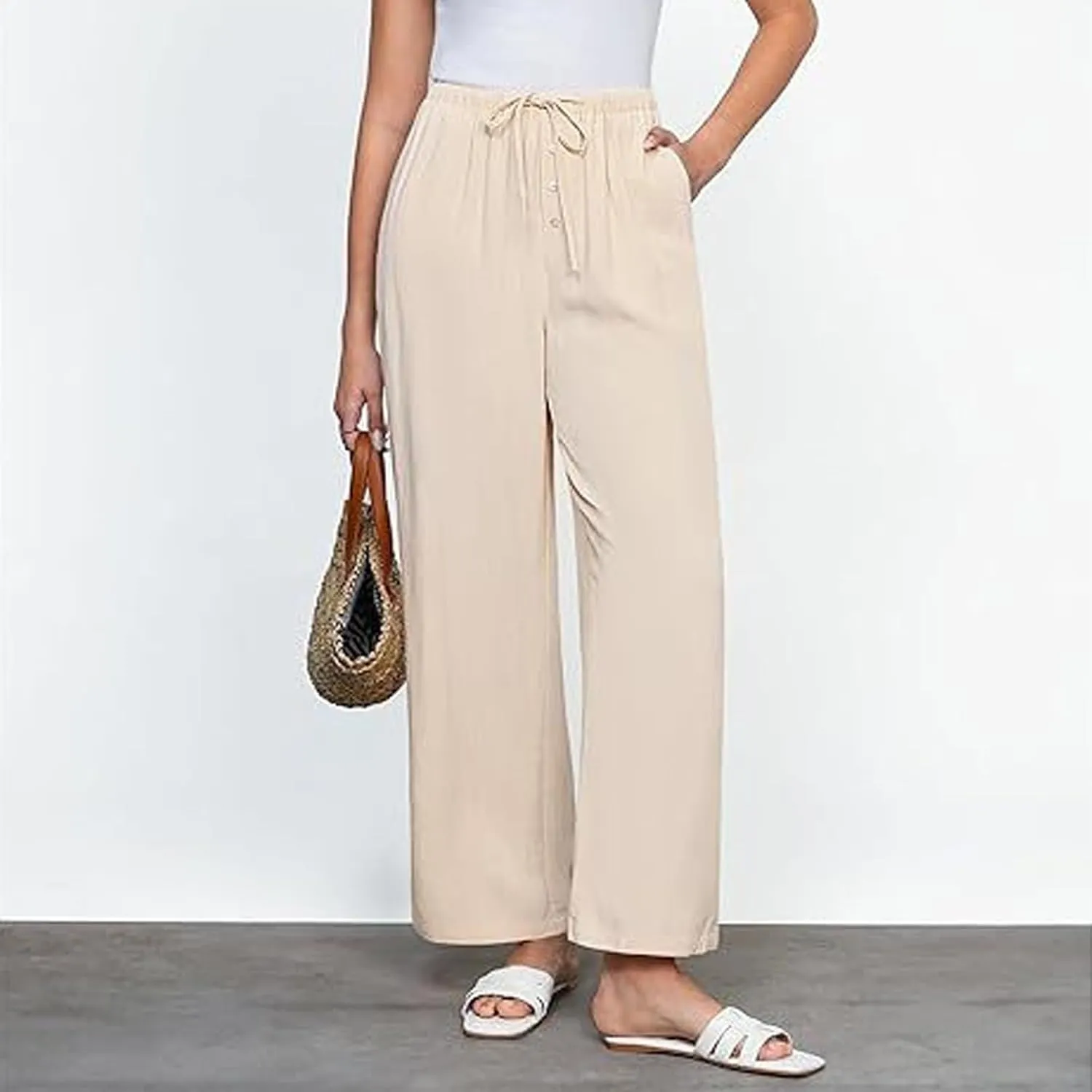 Women's Cotton Linen Pants, Wide Leg Cropped Lounge Trousers with Drawstring Elastic Waist, Summer Beach Casual Pants