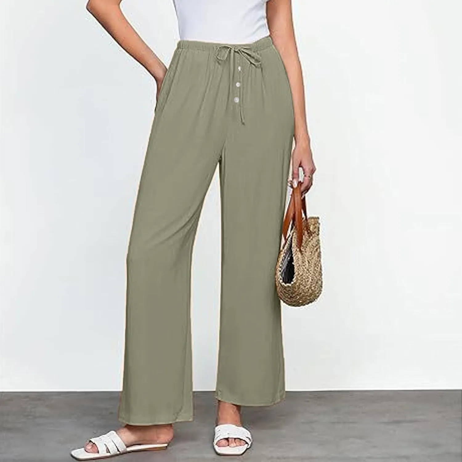 Women's Cotton Linen Pants, Wide Leg Cropped Lounge Trousers with Drawstring Elastic Waist, Summer Beach Casual Pants