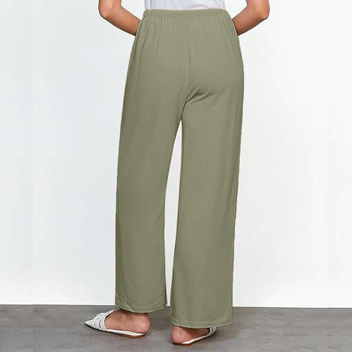 Women's Cotton Linen Pants, Wide Leg Cropped Lounge Trousers with Drawstring Elastic Waist, Summer Beach Casual Pants
