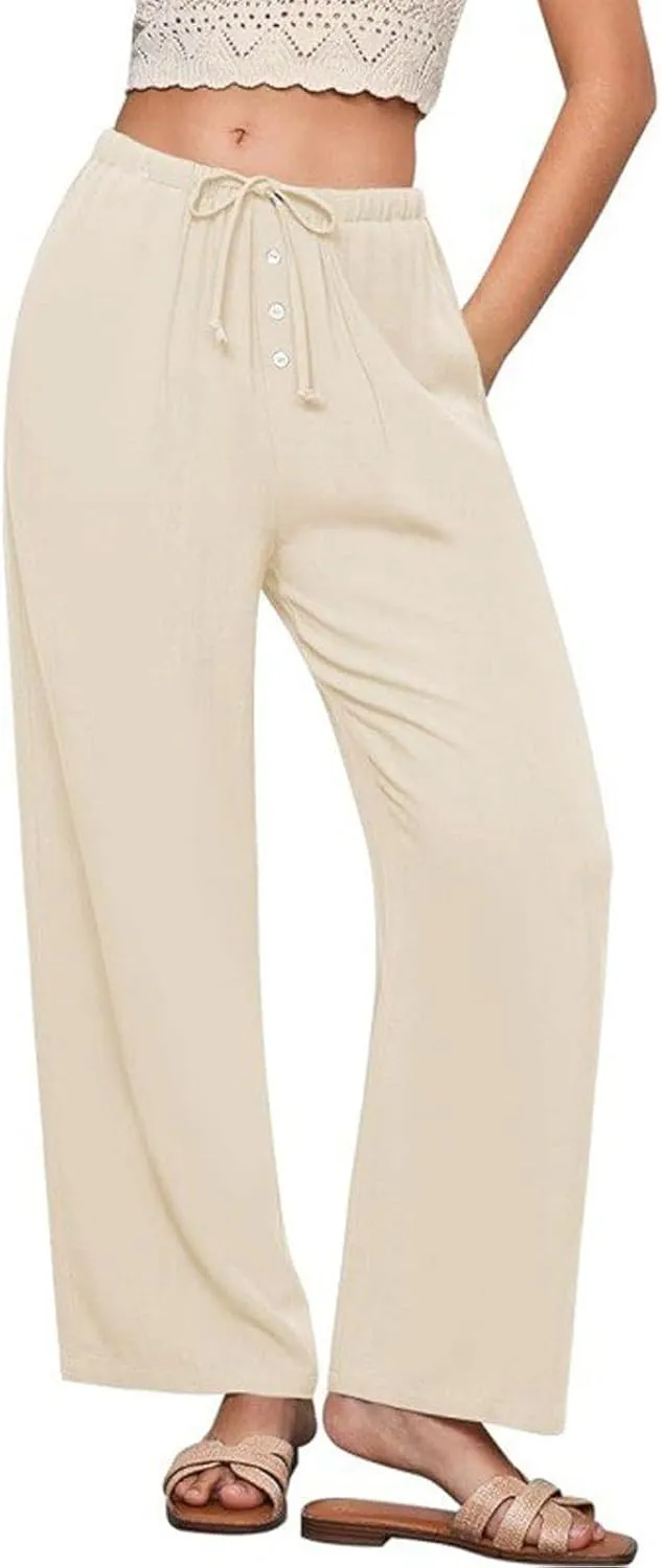 Women's Cotton Linen Pants, Wide Leg Cropped Lounge Trousers with Drawstring Elastic Waist, Summer Beach Casual Pants
