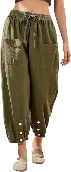 Womens Cotton Linen Summer Drawstring Palazzo Lounge Pants Low Waist Ankle Length Slim-Fit Trousers Trendy