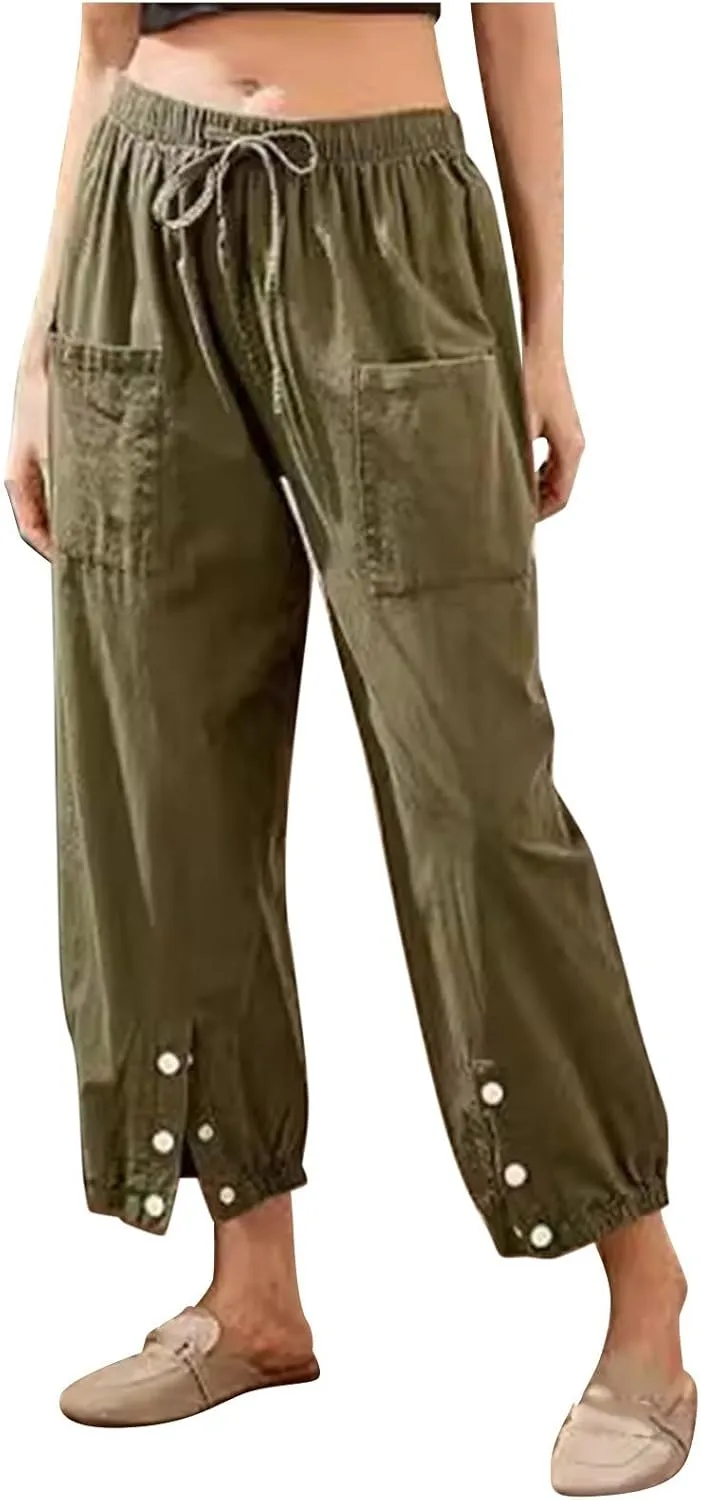 Womens Cotton Linen Summer Drawstring Palazzo Lounge Pants Low Waist Ankle Length Slim-Fit Trousers Trendy