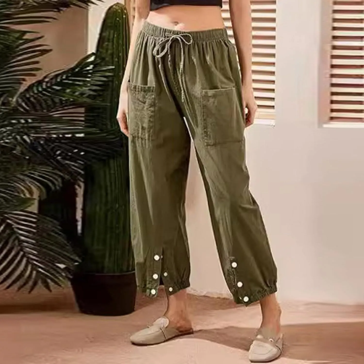 Womens Cotton Linen Summer Drawstring Palazzo Lounge Pants Low Waist Ankle Length Slim-Fit Trousers Trendy