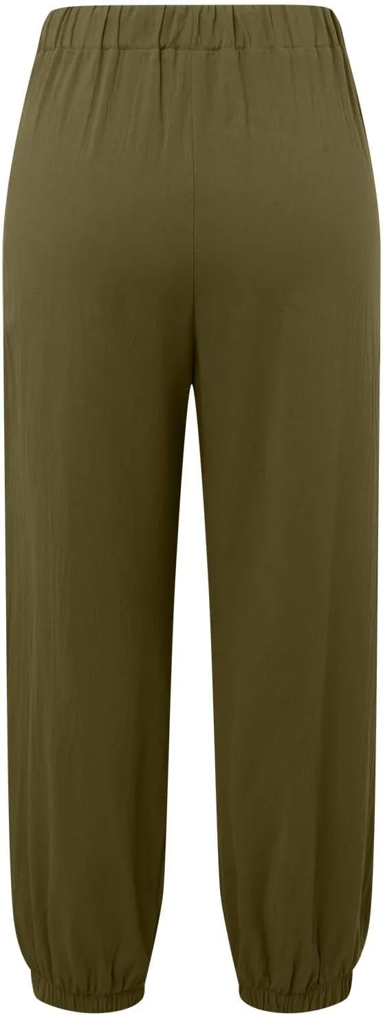 Womens Cotton Linen Summer Drawstring Palazzo Lounge Pants Low Waist Ankle Length Slim-Fit Trousers Trendy