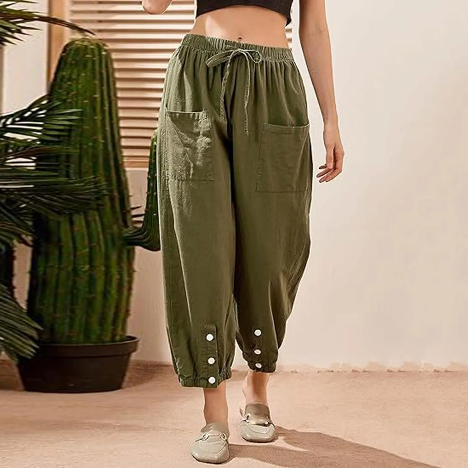 Womens Cotton Linen Summer Drawstring Palazzo Lounge Pants Low Waist Ankle Length Slim-Fit Trousers Trendy