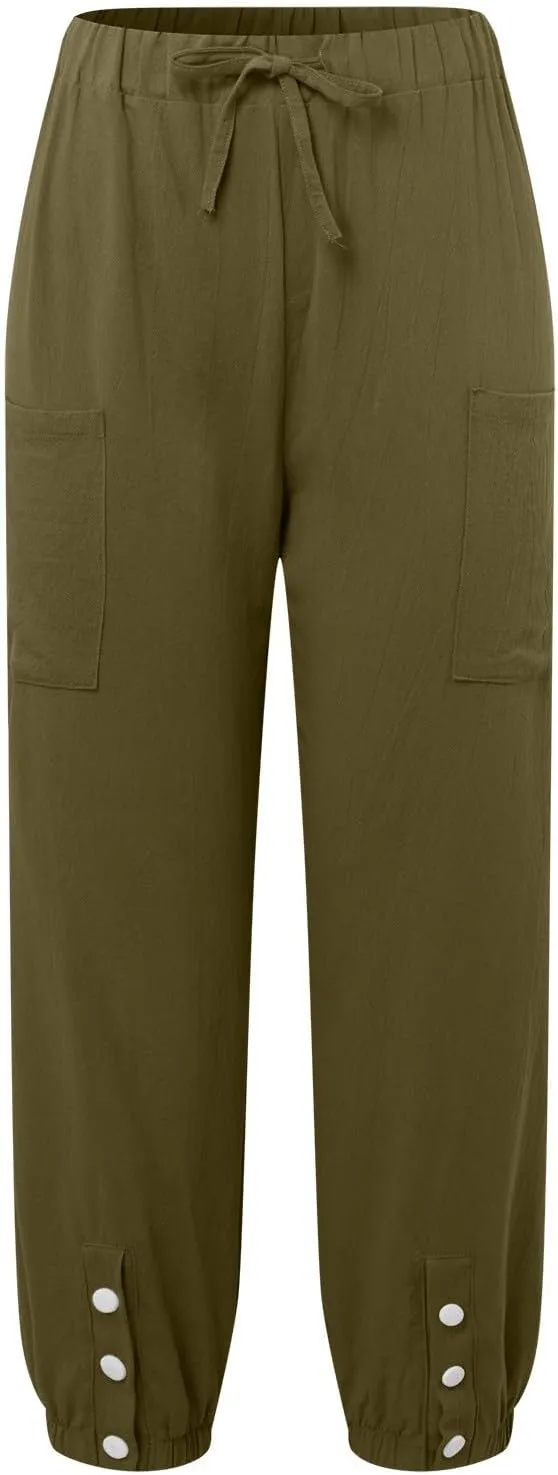 Womens Cotton Linen Summer Drawstring Palazzo Lounge Pants Low Waist Ankle Length Slim-Fit Trousers Trendy
