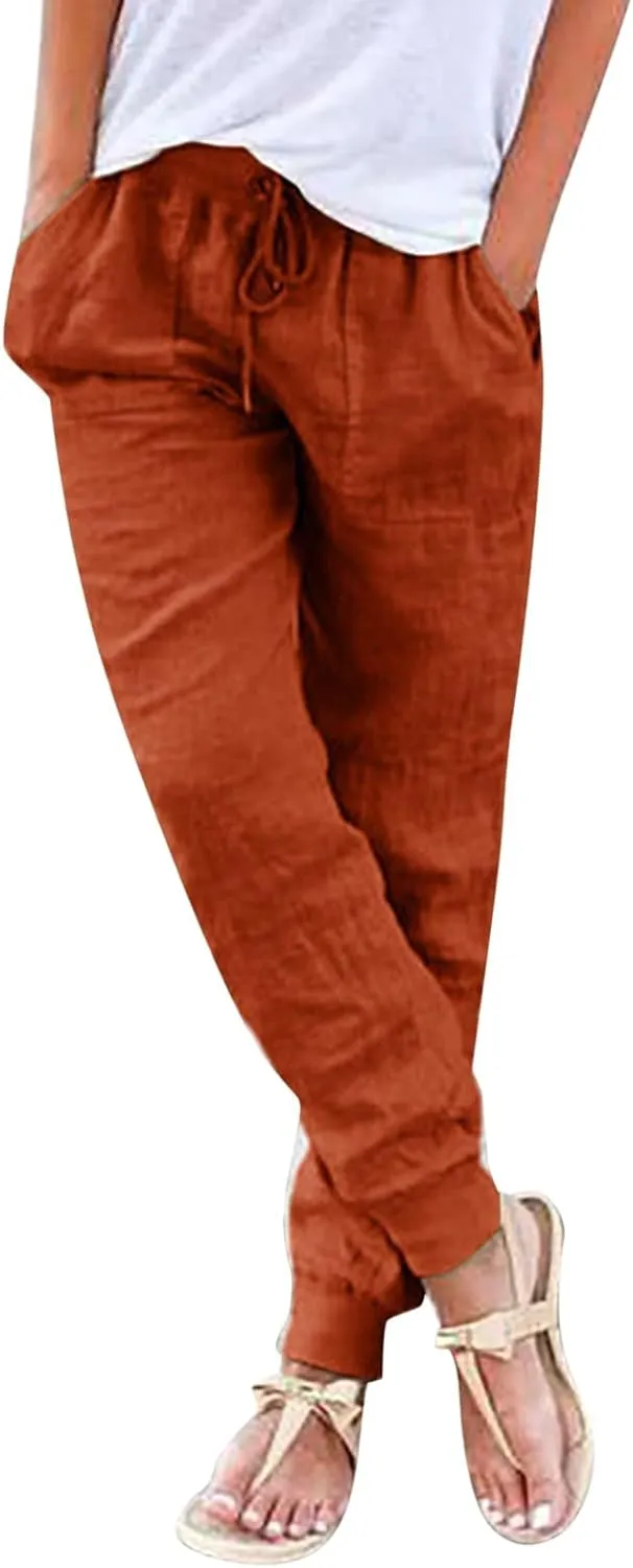 Women's Cotton Linen Trousers Summer Drawstring Elastic Waist Long Pants Solid Color Casual Comfy Leisure Pants
