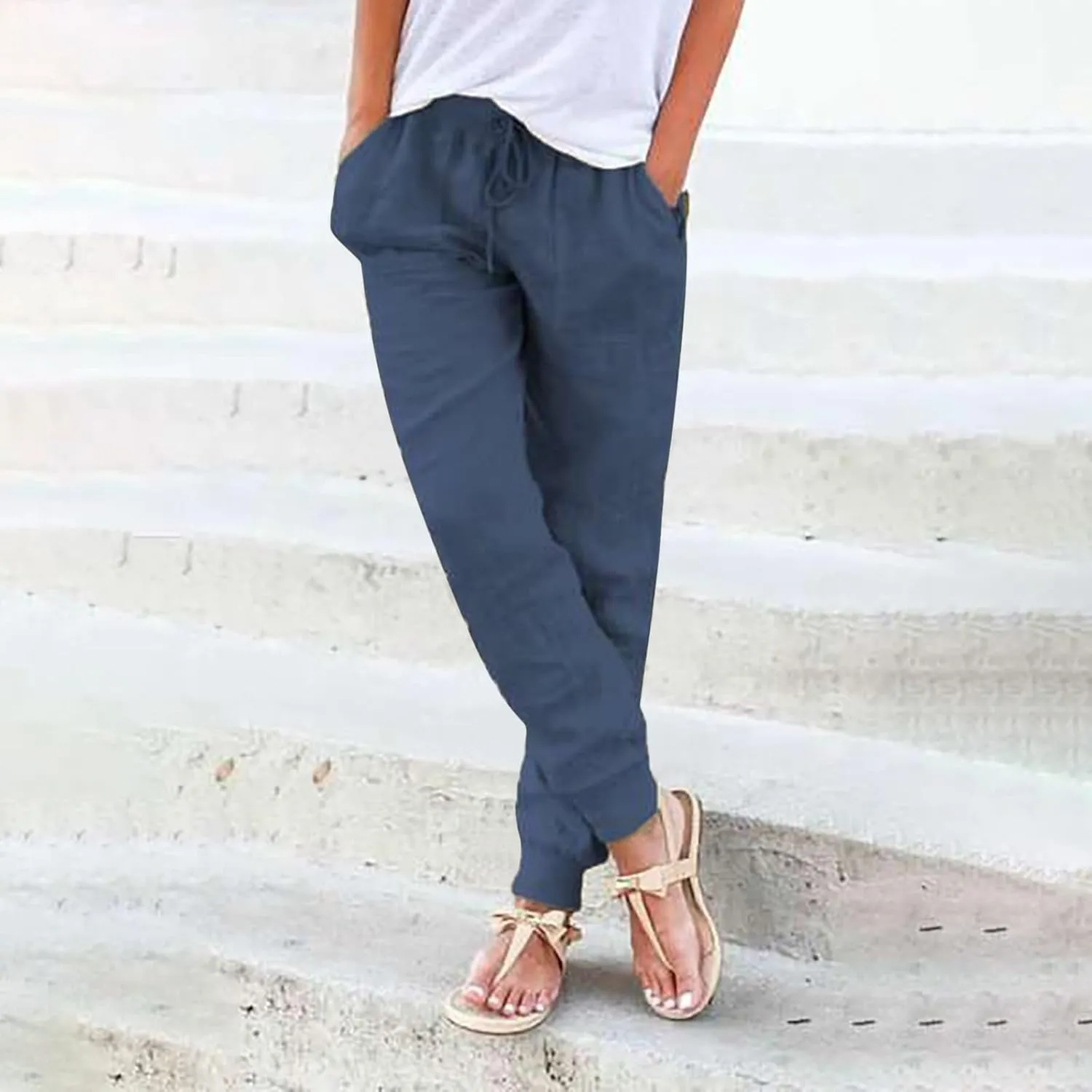 Women's Cotton Linen Trousers Summer Drawstring Elastic Waist Long Pants Solid Color Casual Comfy Leisure Pants