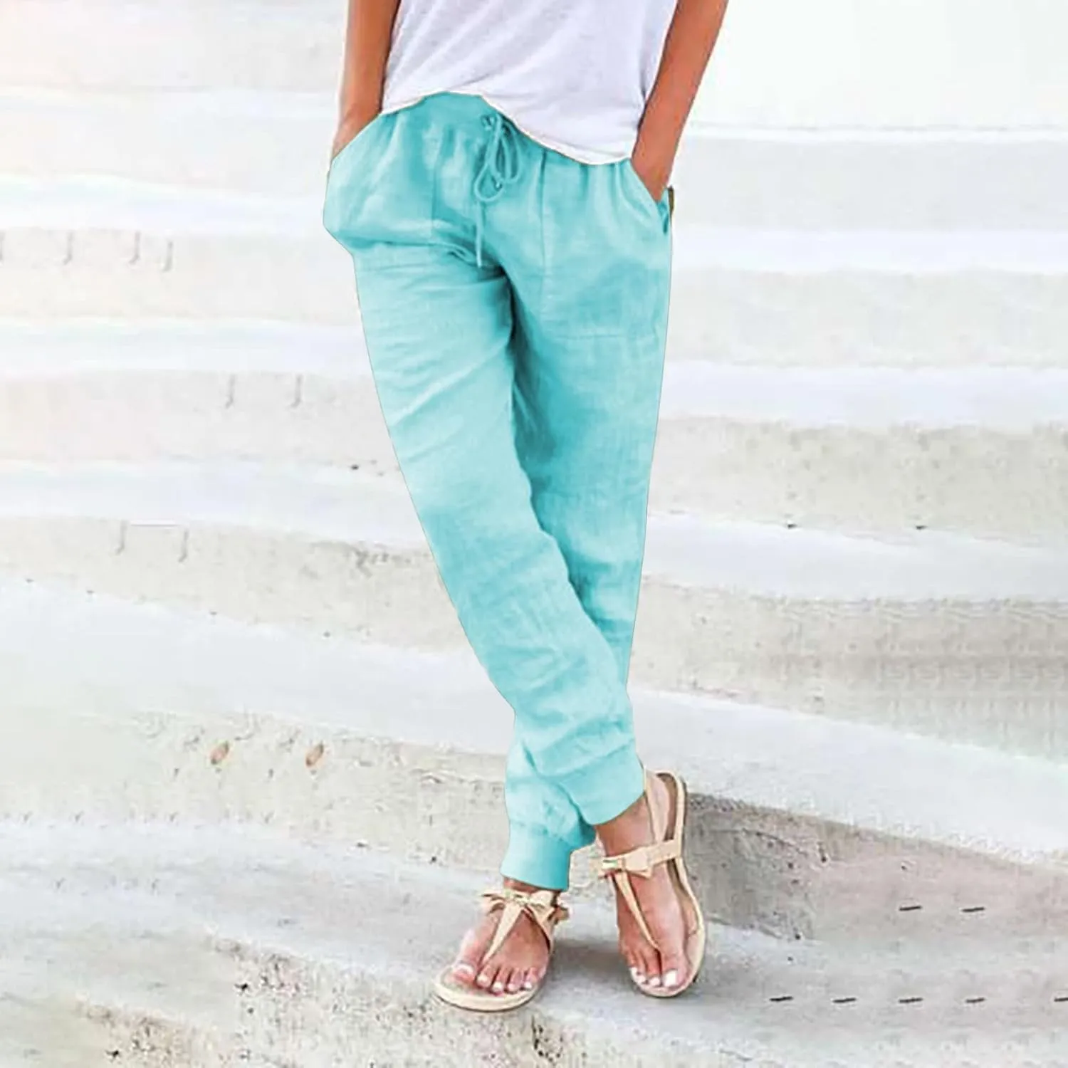 Women's Cotton Linen Trousers Summer Drawstring Elastic Waist Long Pants Solid Color Casual Comfy Leisure Pants