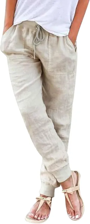 Women's Cotton Linen Trousers Summer Drawstring Elastic Waist Long Pants Solid Color Casual Comfy Leisure Pants