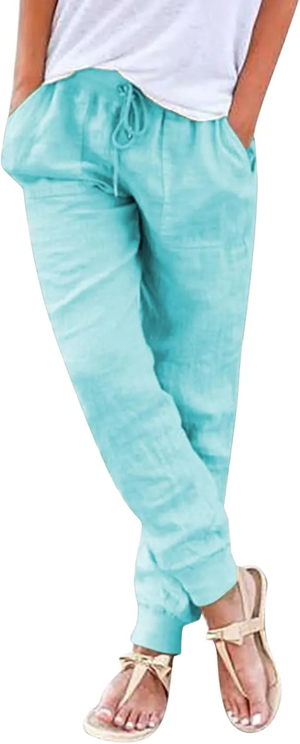 Women's Cotton Linen Trousers Summer Drawstring Elastic Waist Long Pants Solid Color Casual Comfy Leisure Pants