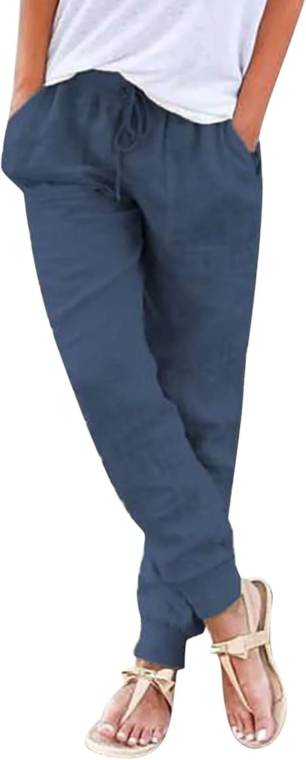 Women's Cotton Linen Trousers Summer Drawstring Elastic Waist Long Pants Solid Color Casual Comfy Leisure Pants