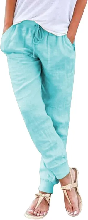 Women's Cotton Linen Trousers Summer Drawstring Elastic Waist Long Pants Solid Color Casual Comfy Leisure Pants