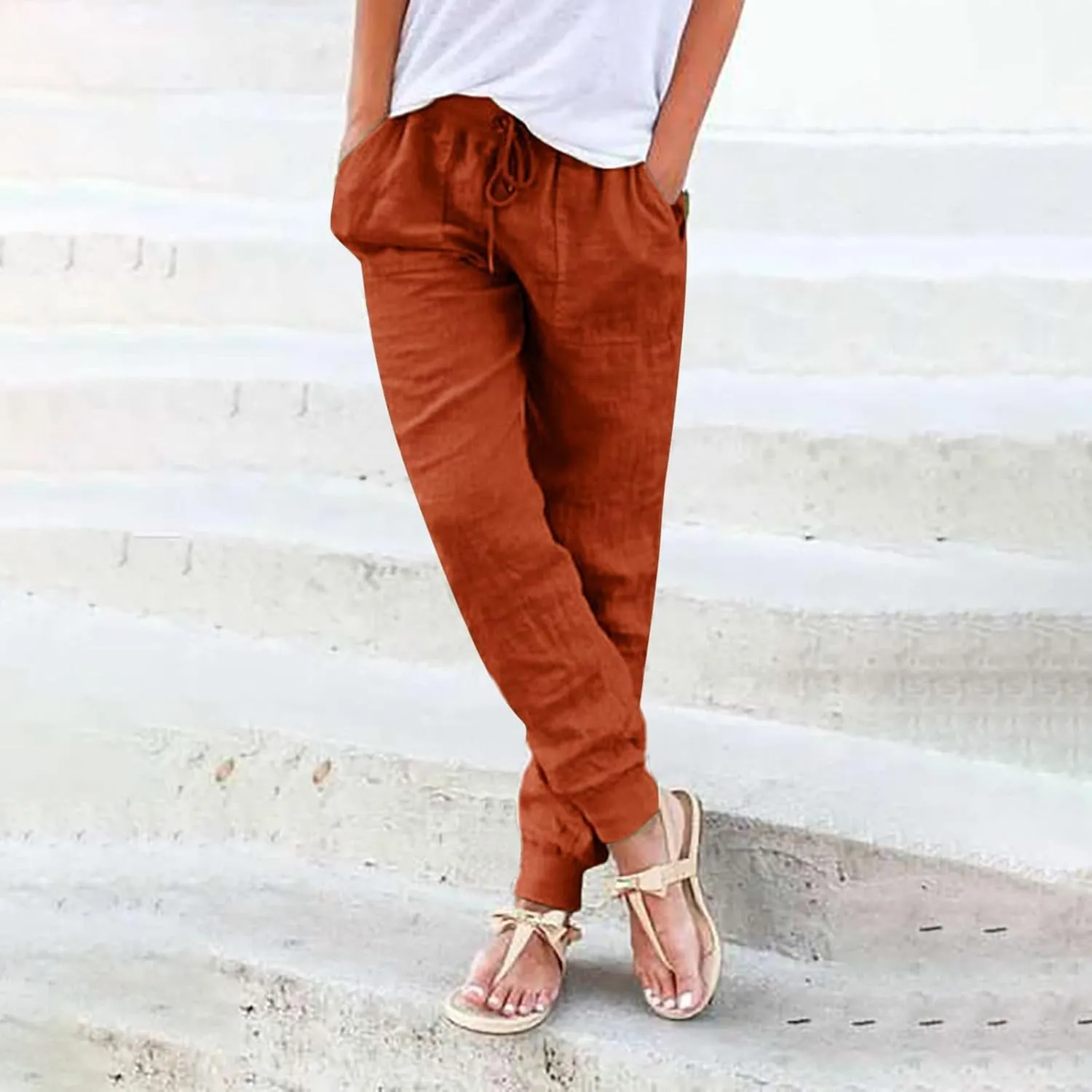 Women's Cotton Linen Trousers Summer Drawstring Elastic Waist Long Pants Solid Color Casual Comfy Leisure Pants