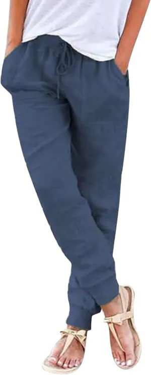Women's Cotton Linen Trousers Summer Drawstring Elastic Waist Long Pants Solid Color Casual Comfy Leisure Pants