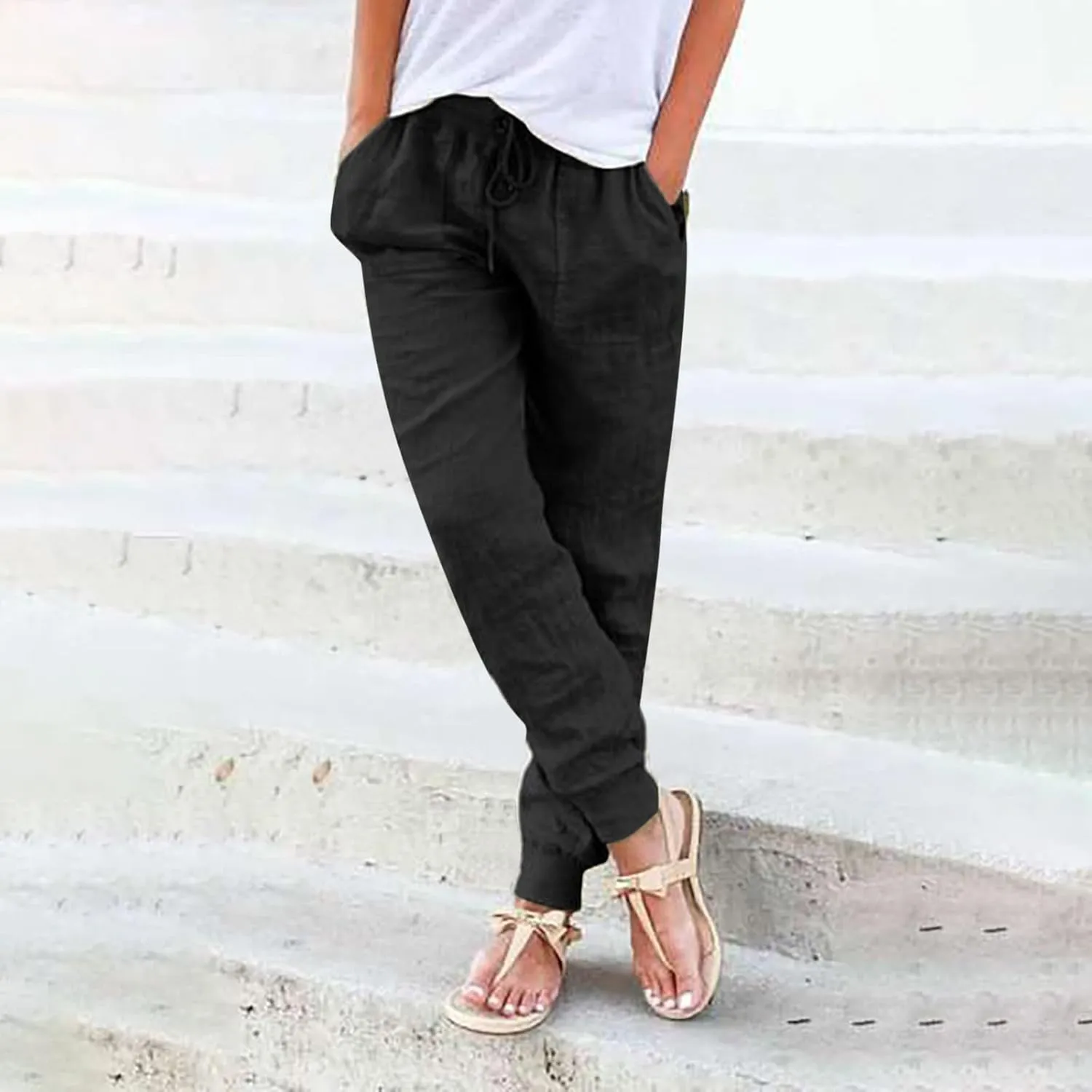Women's Cotton Linen Trousers Summer Drawstring Elastic Waist Long Pants Solid Color Casual Comfy Leisure Pants