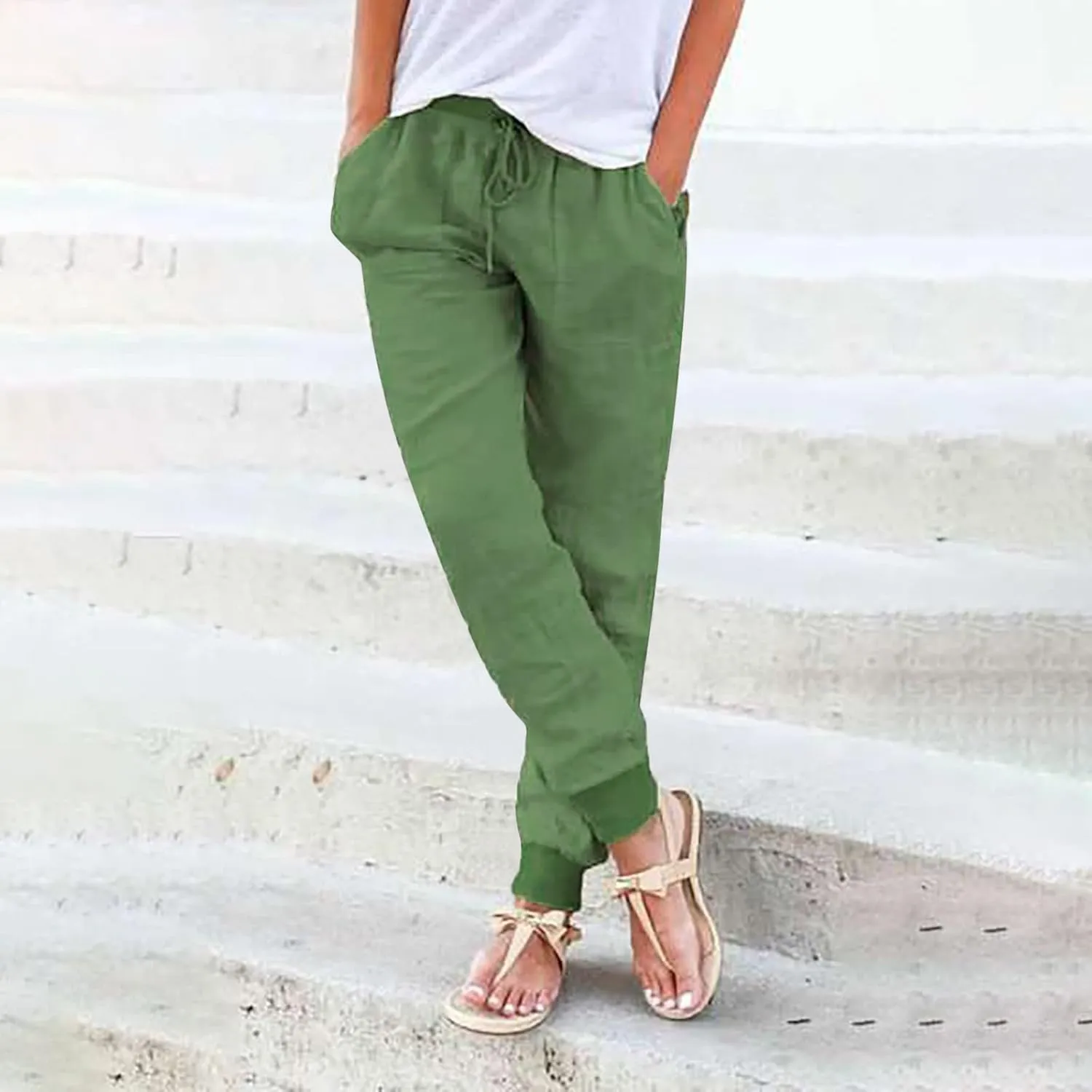 Women's Cotton Linen Trousers Summer Drawstring Elastic Waist Long Pants Solid Color Casual Comfy Leisure Pants