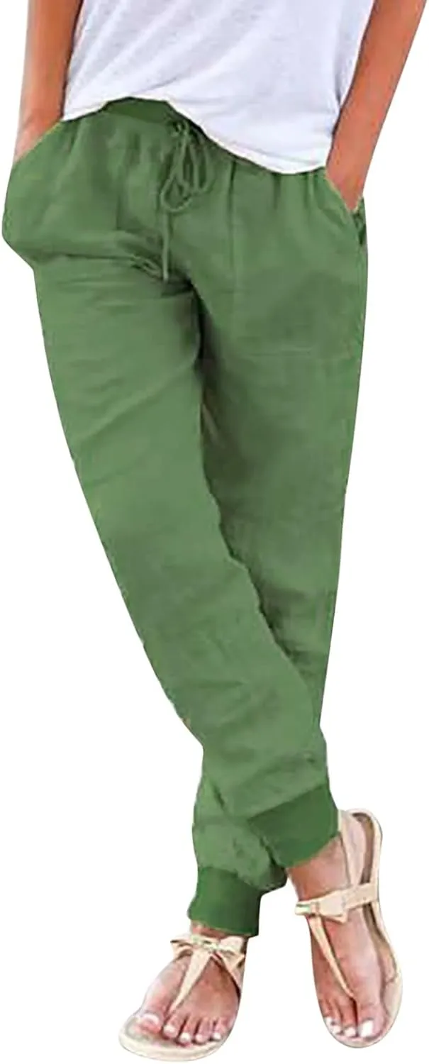 Women's Cotton Linen Trousers Summer Drawstring Elastic Waist Long Pants Solid Color Casual Comfy Leisure Pants