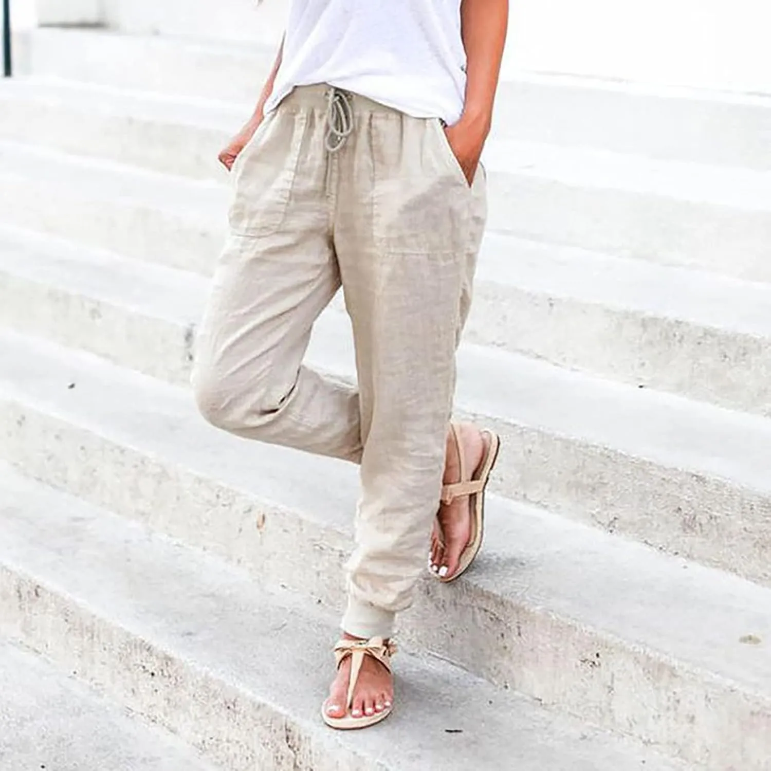 Women's Cotton Linen Trousers Summer Drawstring Elastic Waist Long Pants Solid Color Casual Comfy Leisure Pants