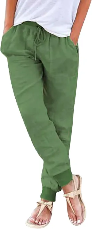 Women's Cotton Linen Trousers Summer Drawstring Elastic Waist Long Pants Solid Color Casual Comfy Leisure Pants