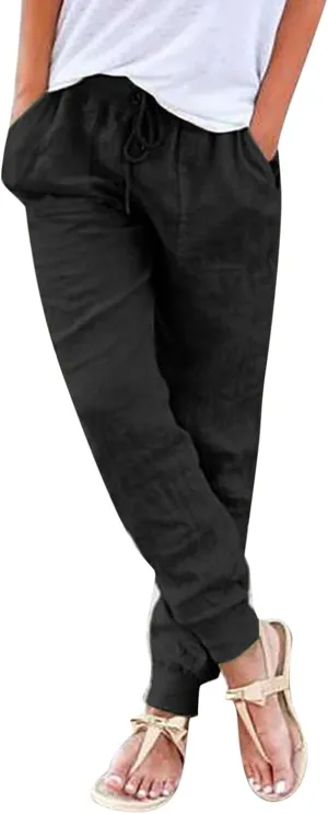 Women's Cotton Linen Trousers Summer Drawstring Elastic Waist Long Pants Solid Color Casual Comfy Leisure Pants