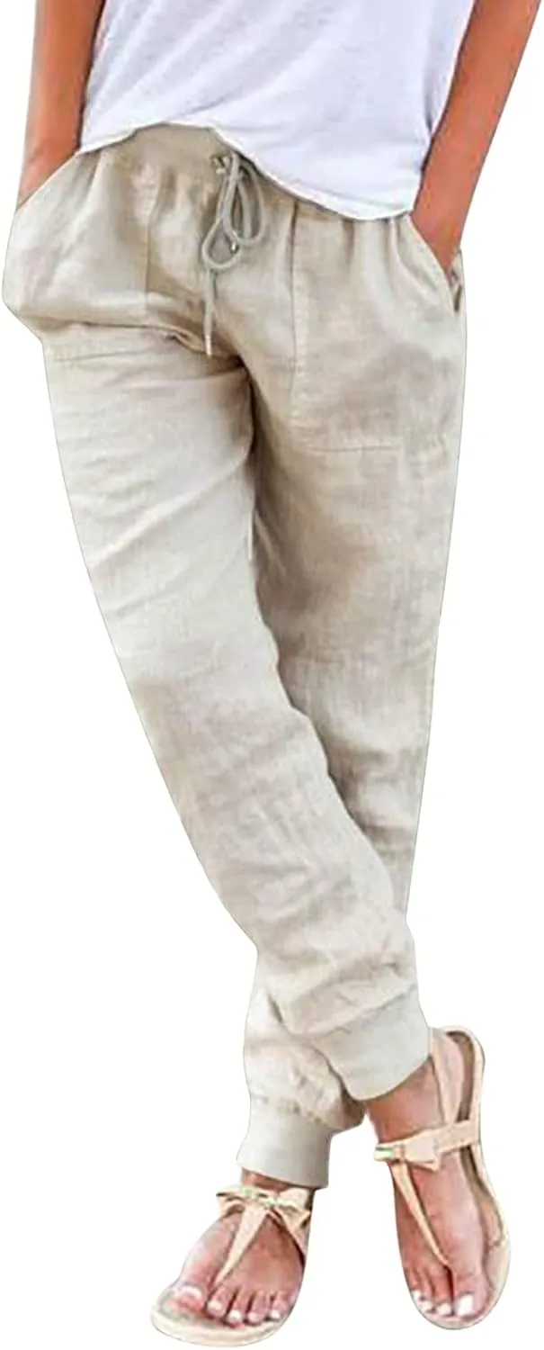 Women's Cotton Linen Trousers Summer Drawstring Elastic Waist Long Pants Solid Color Casual Comfy Leisure Pants