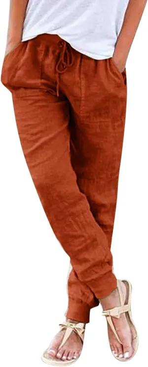 Women's Cotton Linen Trousers Summer Drawstring Elastic Waist Long Pants Solid Color Casual Comfy Leisure Pants