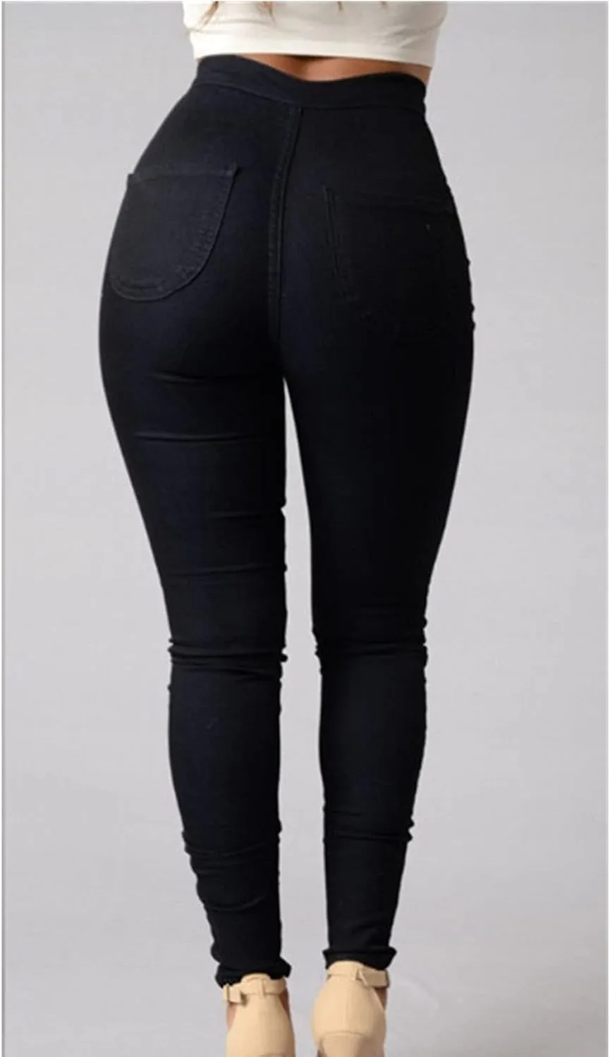 Womens Cozy Skinny Business Jeans Casual High Waisted Stretch Slim Denim Solid Color Butt Lift Pencil Pants With Pockets